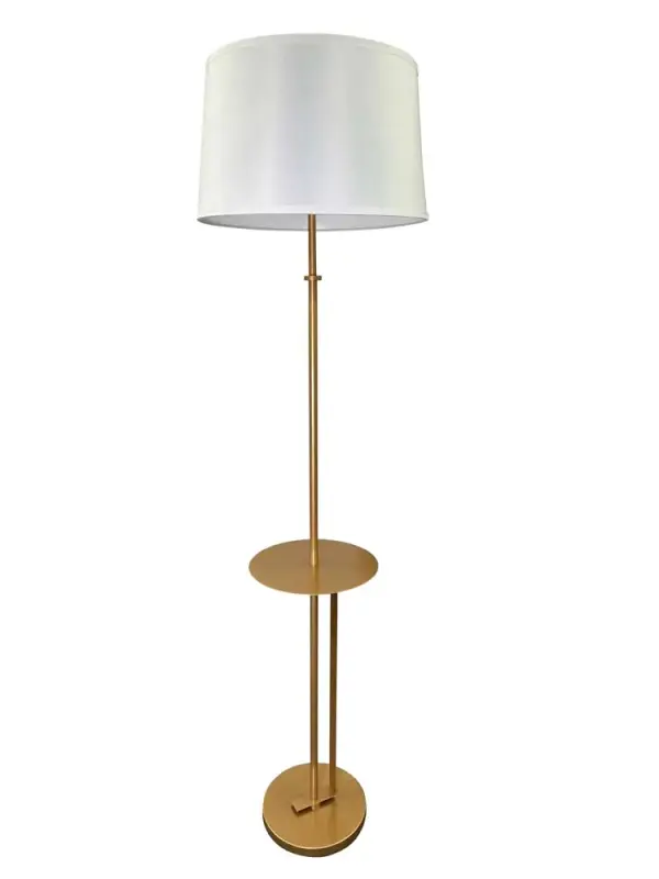 The Lyndon combines sophisticated lighting with practical surface space. Its 69-inch height and Heritage Gold finish bring warmth to any room, while the built-in metal table adds convenience for reading or relaxing.
