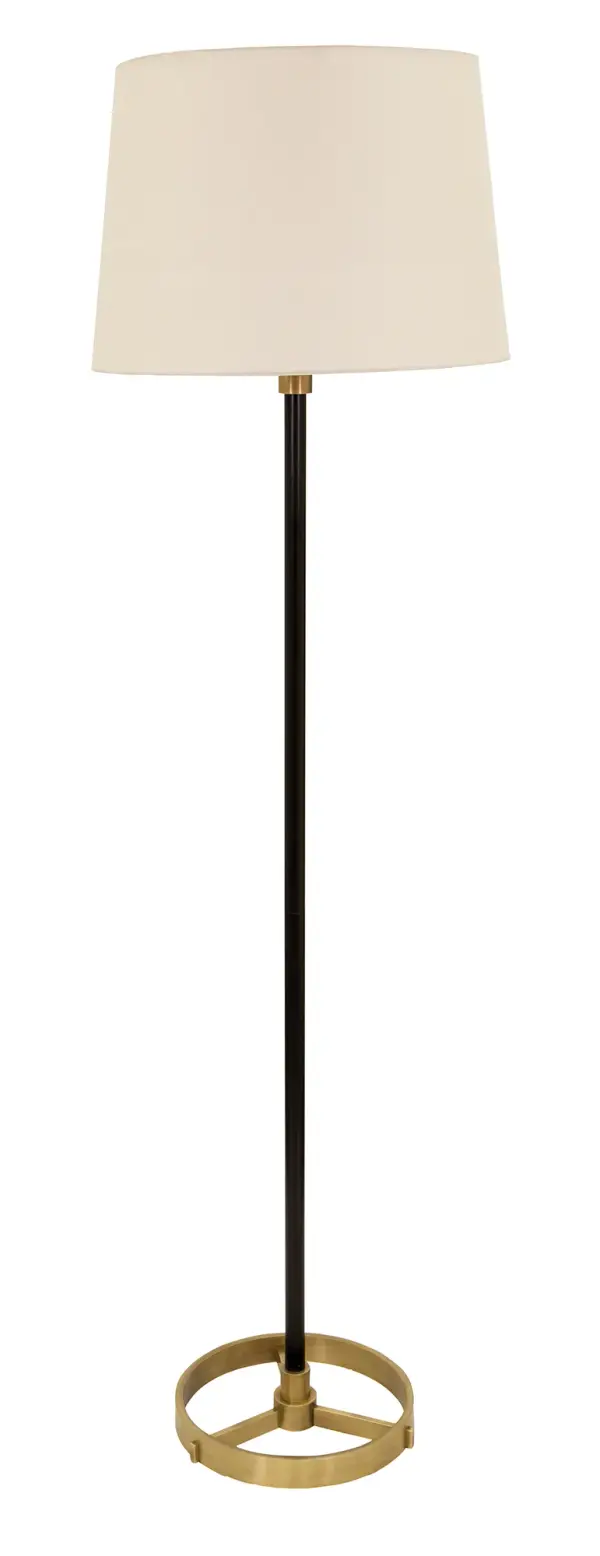 The Morgan Floor Lamp combines sophisticated black and antique brass finishes with a timeless linen shade. At 62 inches tall, it provides substantial presence and ambient lighting with a 3-way switch for versatile illumination control.