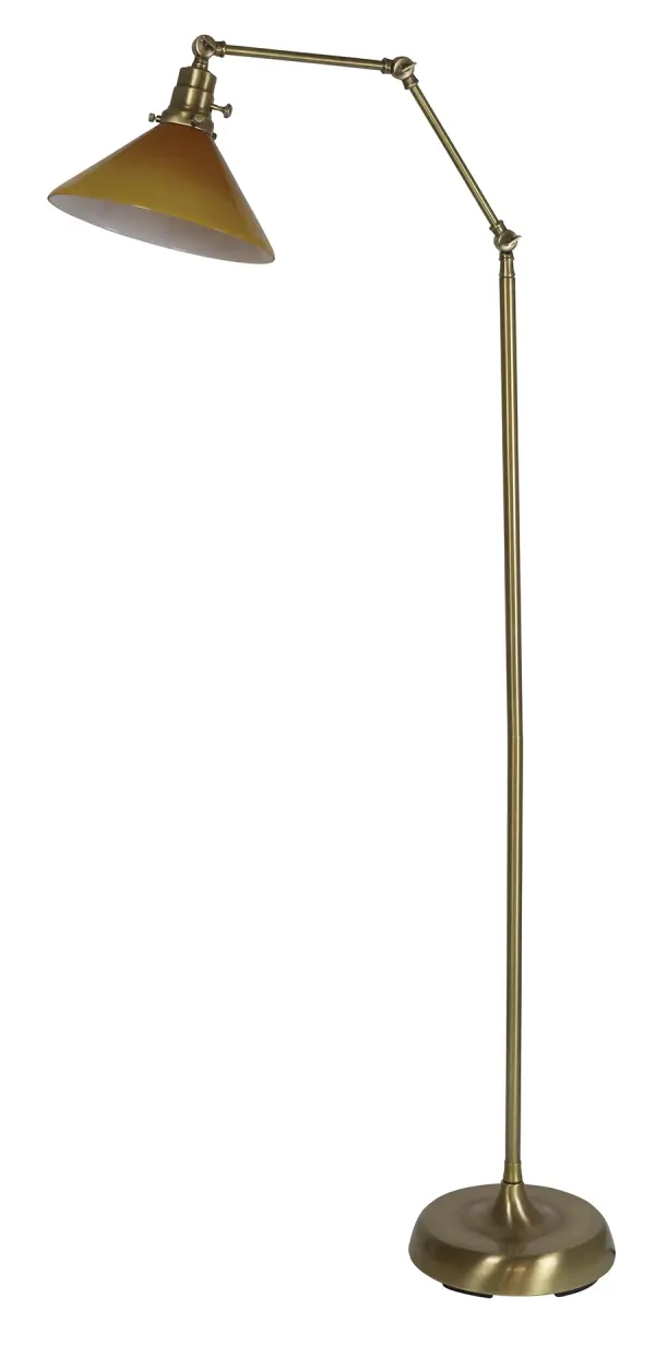 The Otis floor lamp combines industrial style with practical functionality. Its adjustable height (49"-67") and warm amber glass shade make it ideal for reading or task lighting in various settings.