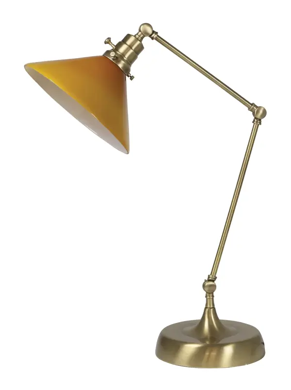 The Otis combines industrial styling with warm antique brass and amber glass for a sophisticated accent. At 26" tall, it provides excellent task lighting while adding vintage character to any space.