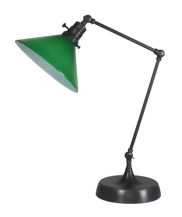 The Otis brings authentic industrial style with its oil rubbed bronze finish and distinctive green glass shade. At 26" tall, it provides excellent task lighting while making a bold design statement.