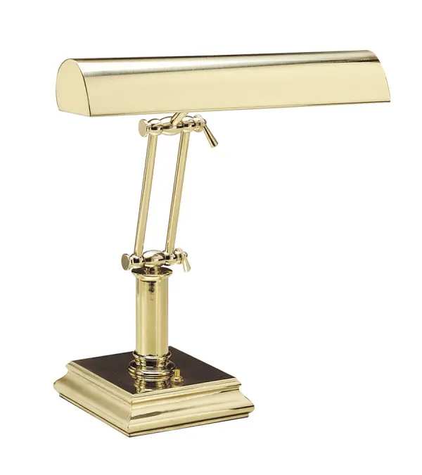 A traditional polished brass piano and desk lamp offering focused task lighting with two 40-60W bulbs. The 14-inch design provides ample illumination for reading, working, or piano playing with timeless brass styling.