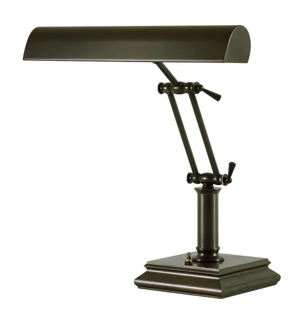 Traditional dual-bulb desk lamp with warm Mahogany Bronze finish provides focused task lighting. The 14-inch shade and adjustable design make it ideal for piano music reading or desk work in home offices and libraries.