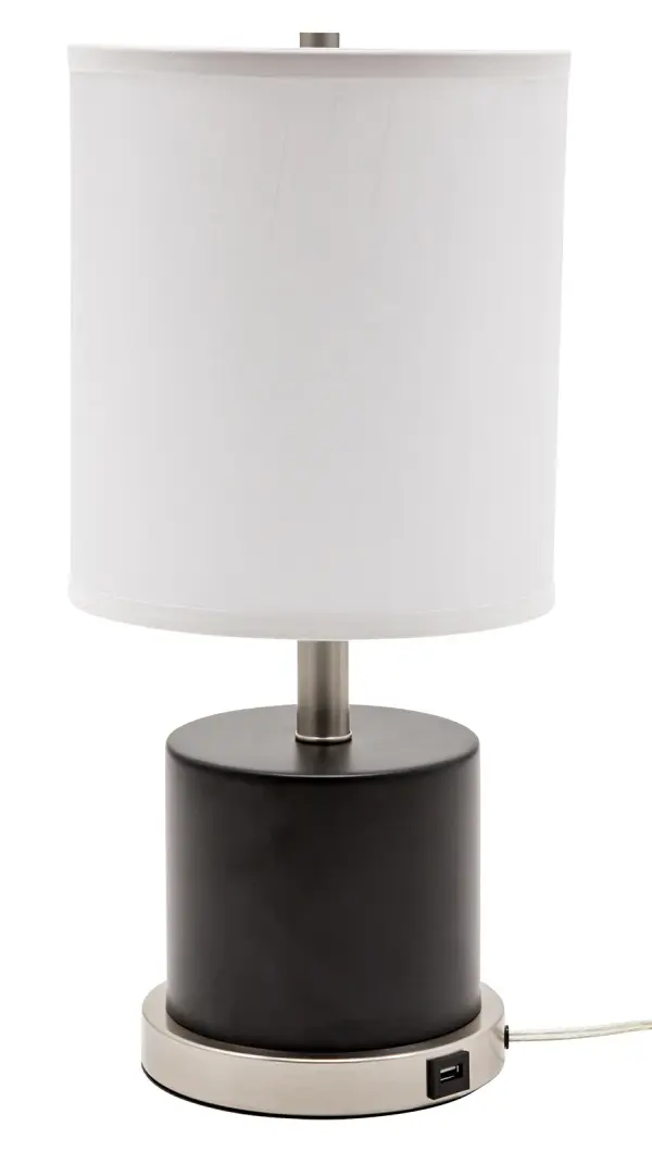 The Rupert table lamp combines sleek black metal construction with practical modern features. Its built-in USB port makes it ideal for bedside or desk use, while the classic linen shade and satin nickel accents add refined style.