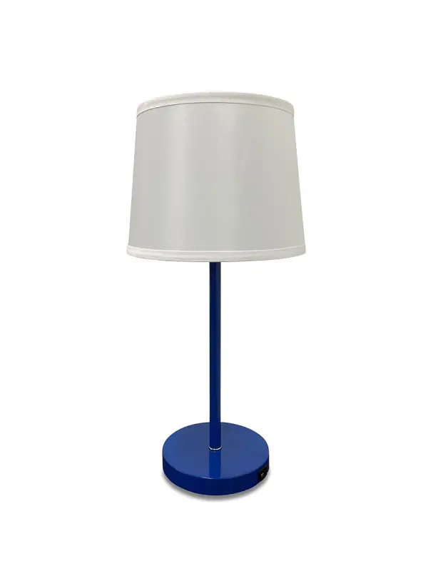 The Sawyer table lamp combines bold cobalt blue metal with satin nickel accents and a crisp white linen shade. At 23 inches tall, it provides excellent task lighting with a 3-way switch and includes USB charging for modern convenience.