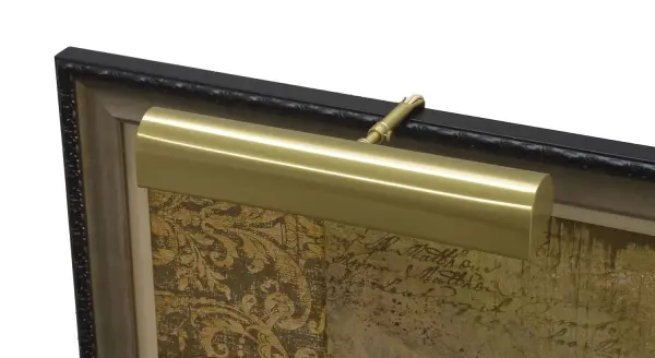 A traditional 14-inch picture light in warm satin brass finish, designed to highlight artwork and framed pieces. Plug-in convenience with California Title 24 compliance makes installation flexible and code-compliant.