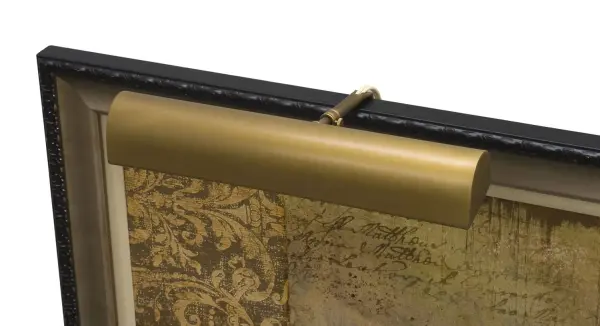 A traditional 14-inch picture light in weathered brass finish that provides focused illumination for artwork and wall displays. Plug-in design offers easy installation without hardwiring. California compliant.