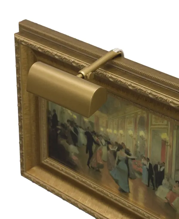 This compact 4-inch picture light delivers focused illumination for artwork and wall displays. Features traditional gold finish with convenient hi-lo switch for adjustable lighting. Ideal for highlighting framed pieces in residential and commercial settings.
