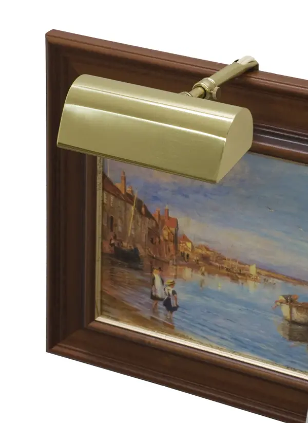 This compact 5-inch traditional picture light features polished brass finish and adjustable hi-lo switch for optimal artwork illumination. Perfect for highlighting paintings, prints, and wall art in residential and commercial settings.