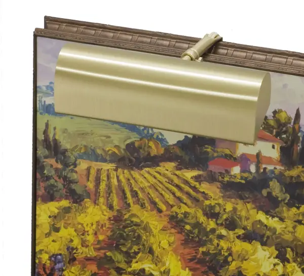 This 8-inch traditional picture light in satin brass finish provides focused illumination for artwork and wall displays. The plug-in design offers easy installation without hardwiring, while the warm brass finish complements traditional and transitional interiors.