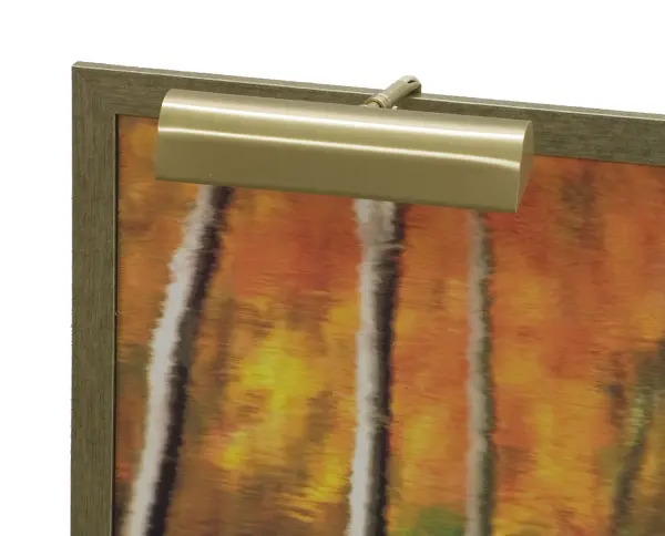 A traditional 9-inch picture light in warm satin brass finish, designed to highlight artwork and framed pieces. Plug-in convenience makes installation simple without hardwiring. California compliant with energy-efficient design.