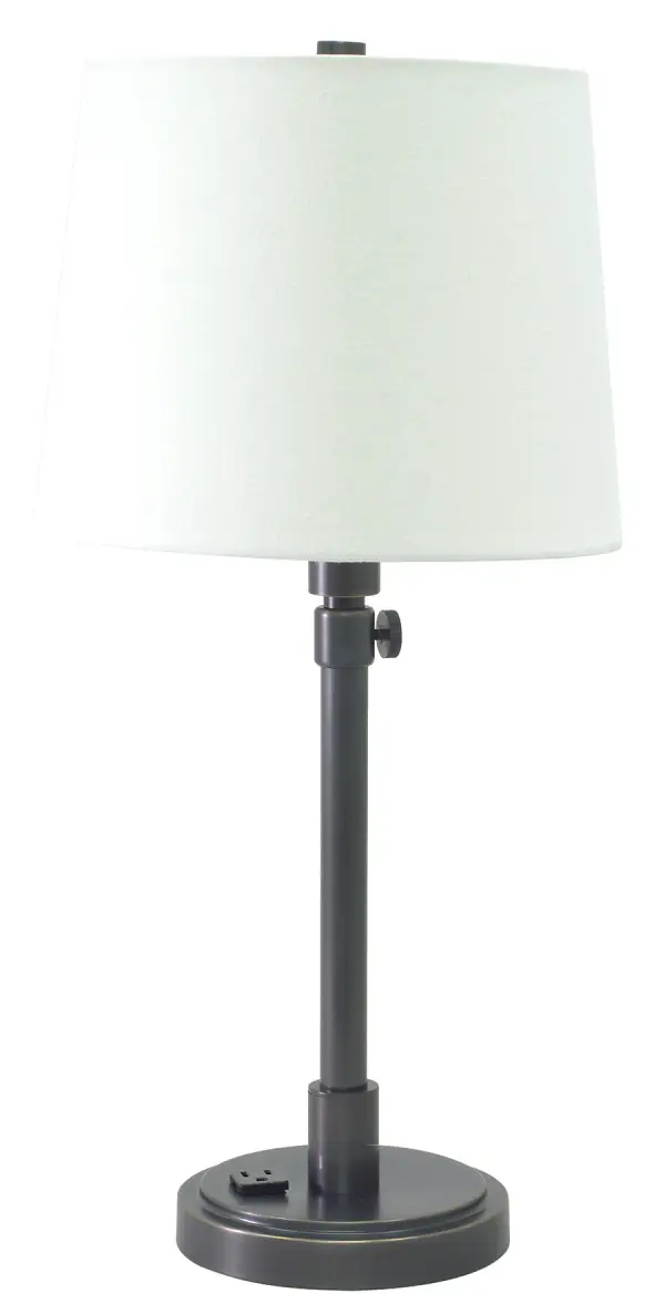 The Townhouse adjustable table lamp combines classic styling with modern functionality. Features a convenient built-in outlet, adjustable positioning for task lighting, and a timeless Oil Rubbed Bronze finish that complements traditional and transitional interiors.
