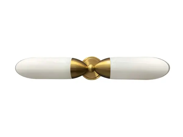 This sophisticated wall sconce features dual lights with slant-cut white glass shades and brushed brass finish. At 25.5" tall, it provides ample illumination while adding vertical interest to any space.