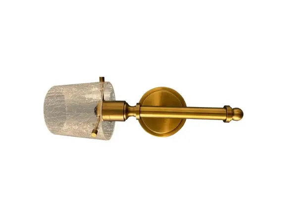 This compact wall sconce combines warm brushed brass metalwork with a unique crackle glass shade, creating ambient lighting with visual interest. Perfect for bathrooms, hallways, and intimate spaces.