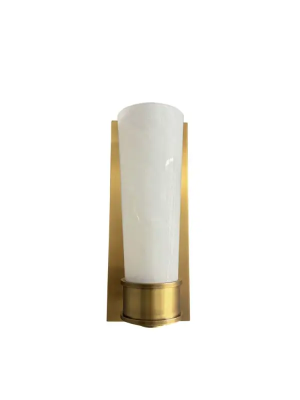 This versatile wall sconce combines warm brushed brass with a clean white glass shade, offering sophisticated lighting for bathrooms, hallways, and bedrooms. Its compact 12.5-inch height fits standard spaces beautifully.
