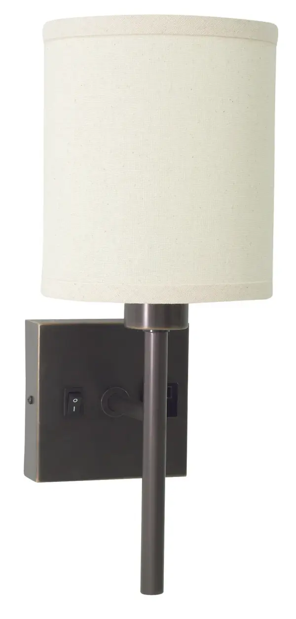 This practical wall sconce combines adjustable swing arm functionality with a convenient built-in outlet, making it ideal for bedside reading or task lighting. The oil rubbed bronze finish and linen shade offer timeless appeal.