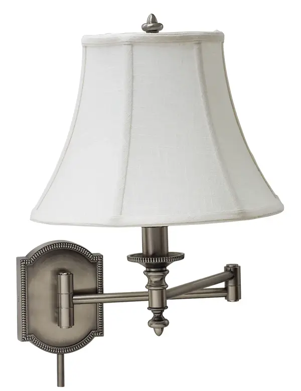 This versatile swing arm wall lamp combines traditional styling with practical adjustability. The antique silver finish and white linen shade create a timeless look perfect for bedside reading or task lighting.