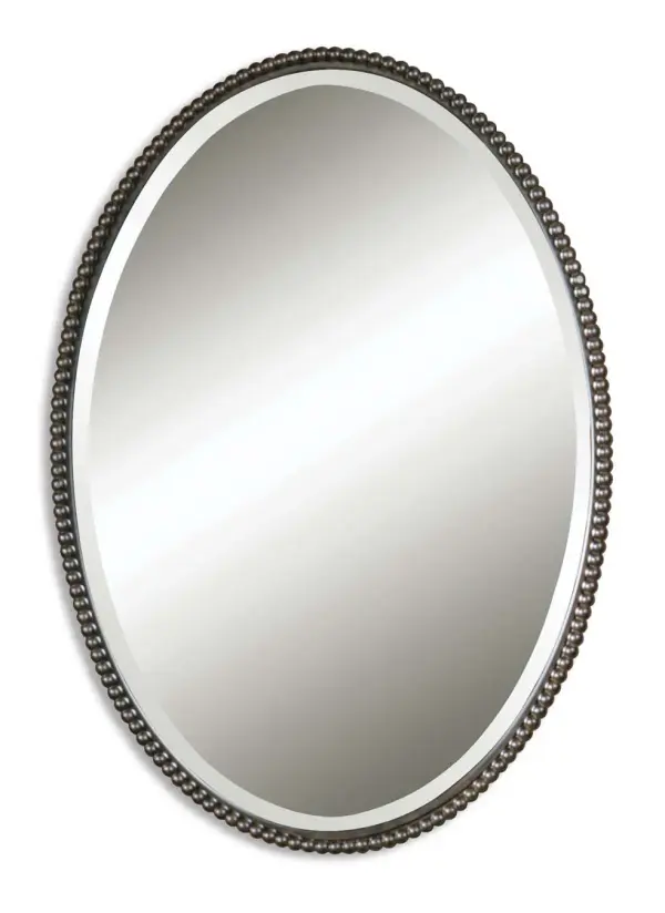 This Oval Mirror Features A Beaded Frame Made Of Hand Forged Metal Finished In Lightly Distressed, Oil Rubbed Bronze. Mirror Is Beveled. Collection: Sherise Designer: Carolyn Kinder Finish: Oil Rubbed Bronze Notes: This oval mirror features a beaded frame made of hand forged metal finished in lightly distressed, oil rubbed bronze. Width: 22.00" Height: 32.00" Length: 1.75" Weight: 17.00 lb Extension from Wall: 1.75" Material: Metal & Glass Country of Origin: Vietnam Safety Rating: Indoor Only