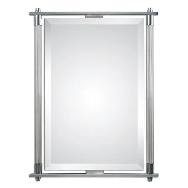 Ribbed Glass Columns Accented With Polished Chrome Plated Details. Mirror Features A Generous 1 1/4" Bevel And May Be Hung Horizontal Or Vertical. Collection: Adara Designer: Carolyn Kinder Finish: Polished Chrome Width: 25.75" Height: 33.50" Length: 2.00" Weight: 25.00 lb Extension from Wall: 2.00" Bulb Type: tbn Material: Metal, Glass, Mdf Country of Origin: China Safety Rating: Indoor Only