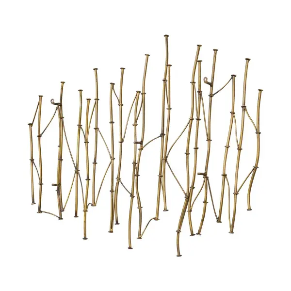A handcrafted metal wall sculpture with organic branch-like rods in antique gold, ideal for adding sculptural warmth to living spaces and entryways.