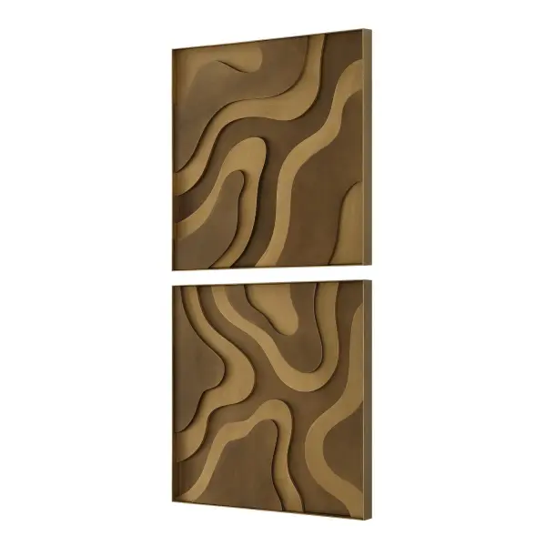 This two-piece set of layered wood panels in antique gold and bronze, framed in antique brass iron, brings sculptural texture and warmth to any wall.