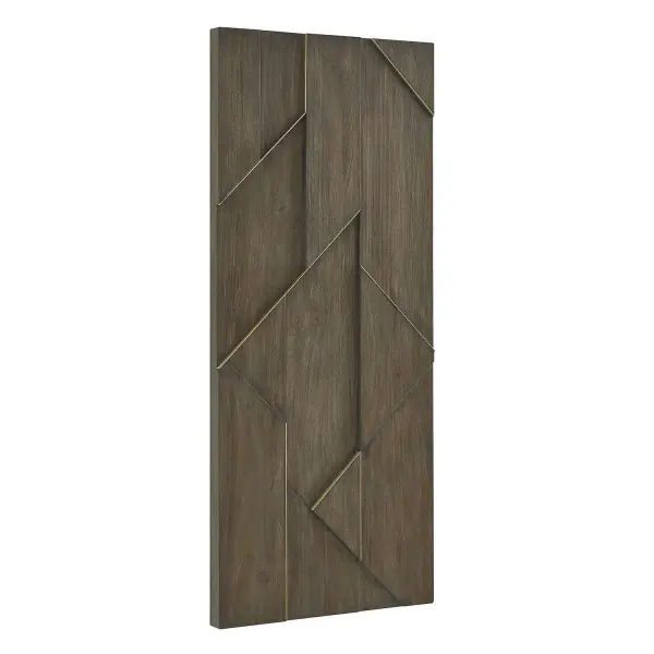 A dimensional acacia veneer and walnut wall panel with sleek brass inlays forming a sophisticated geometric mosaic. Striking as a standalone statement piece.