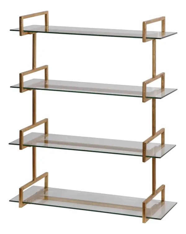 An antiqued gold leaf iron wall shelf with tempered glass surfaces that adds a decorative, functional display accent to entryways and living spaces.
