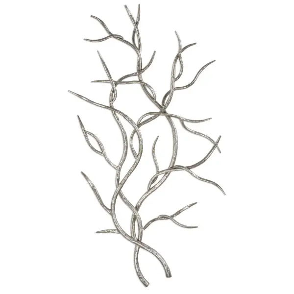 Hand-forged iron branches in an antiqued silver leaf finish create striking organic wall art that can be hung horizontal or vertical for flexible styling.