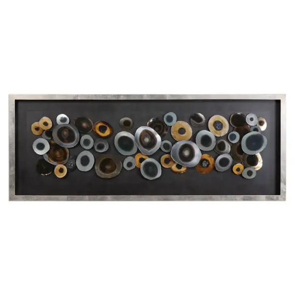 An abstract composition of blow-torched iron discs and hand-painted acrylic accents in silver, brown, and antique gold tones, framed under glass in a silver leaf finish.