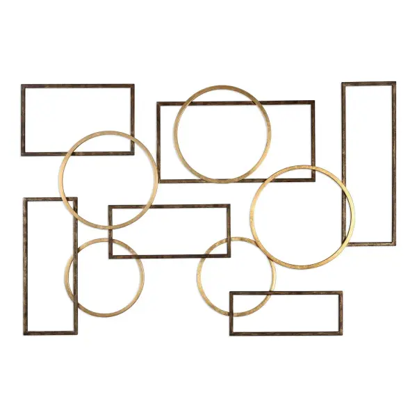 An eye-catching mix of iron circles and rectangles in brushed bronze and gold leaf. Versatile hanging orientation adds flexibility to styling.