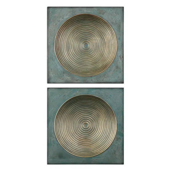 An aged iron wall art piece with ribbed concave squares finished in antique gold and a heavy patina glaze. Compact and versatile for accent walls.