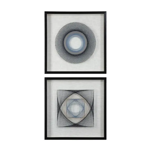 A layered, hand-threaded shadow box blending blue string art with linen backing and a black pine frame — a tactile accent for walls needing dimension and texture.