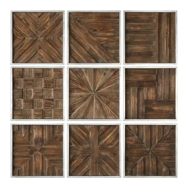 A pieced, 3-dimensional collage of distressed fir wood framed in silver leaf, bringing textural rustic charm to entry, living, or office walls.