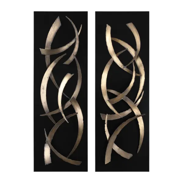 Layered sheet metal strips in brushed gold create a striking 3D effect on a matte black plaque. Versatile orientation adds flexibility for styling.