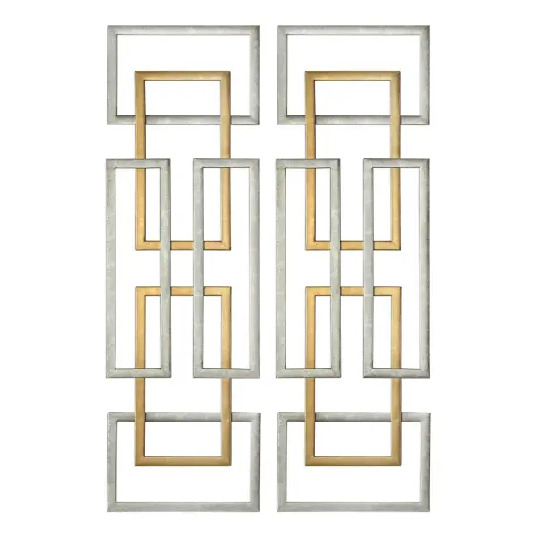 An iron wall art duo with overlapping rectangles in antiqued gold and silver leaf. Versatile hanging orientation and substantial scale make it a striking contemporary accent.