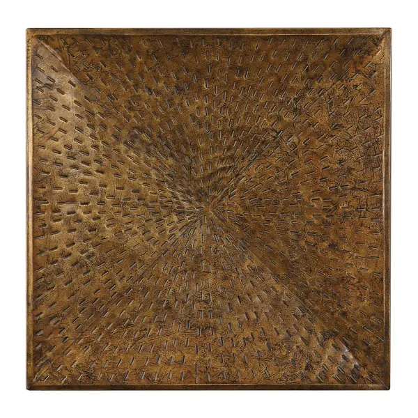 A beveled iron wall art piece with pierced detailing and a hand-applied antique bronze finish, well suited to traditional and Mediterranean-inspired interiors.