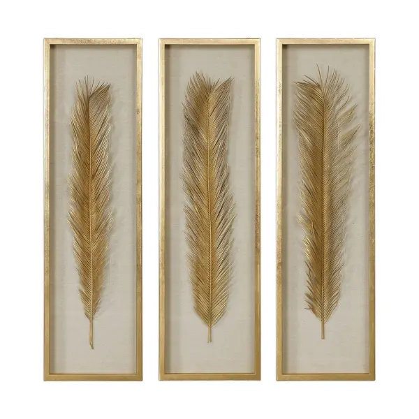 A set of three gold leaf shadow box art pieces featuring sago palm leaf replicas on linen. Elegant, tactile, and ready to hang as a coordinated grouping.