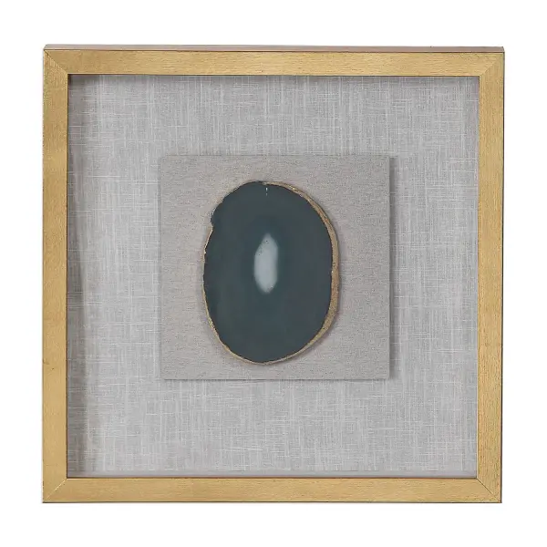 A pine wood shadow box with gold leaf finish showcasing an emerald agate slice on linen backing—an organic statement piece for walls.