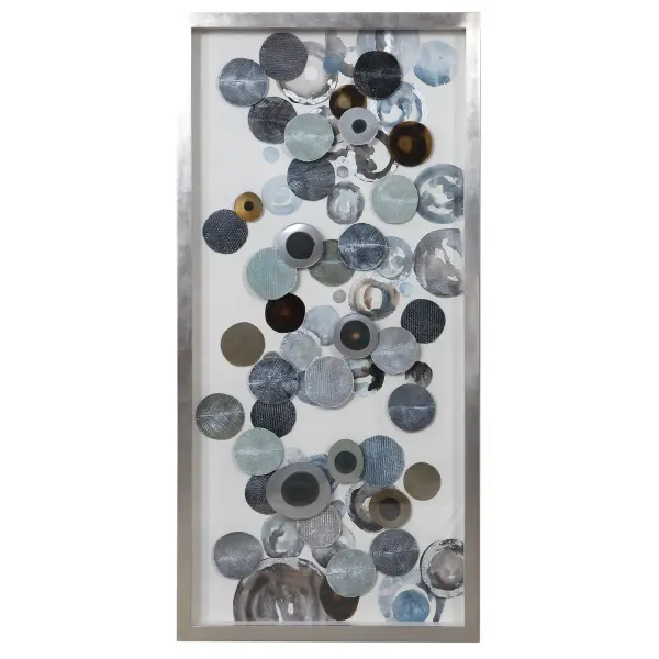 An abstract shadow box combining blow-torched iron discs and hand-painted acrylic accents under glass, framed in antiqued silver leaf. Versatile hanging orientation adds display flexibility.