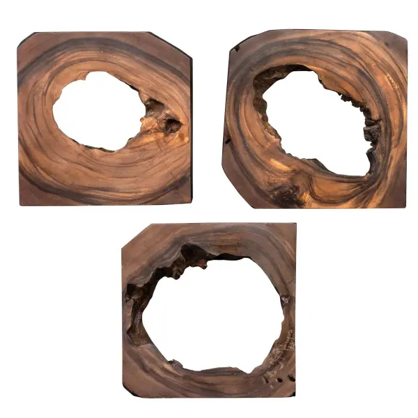 A set of six solid suar wood panels in a rich coffee brown finish, each individually handcrafted with natural grain variation for an artisanal, one-of-a-kind look.