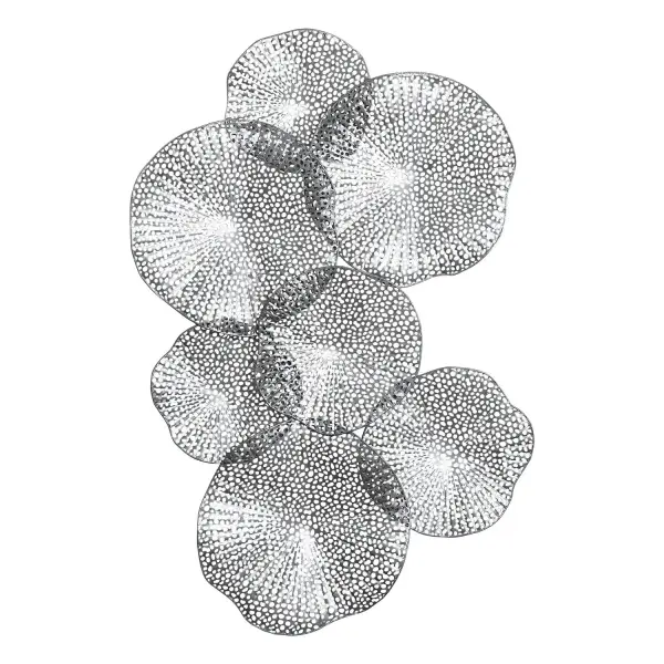 This pierced iron wall art mimics layered lotus leaves in a warm metallic pewter finish, offering versatile horizontal or vertical hanging for a sculptural focal point.