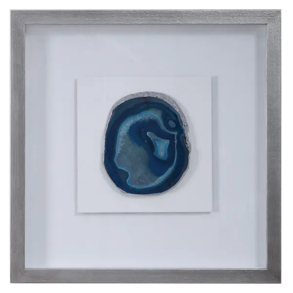 This pine shadow box pairs genuine blue agate with hand-applied silver leaf and painted edging for a sculptural, gallery-worthy wall accent.