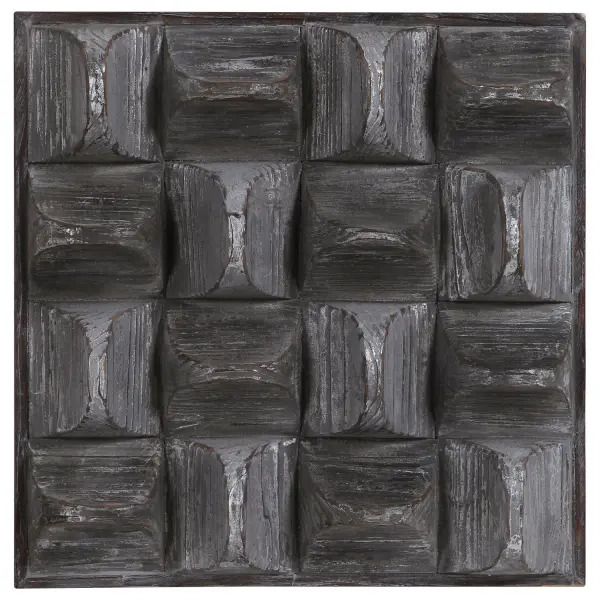 This 3D fir wood panel blends rustic warmth with a contemporary edge, featuring scooped blocks in an aged gray wash with silver accents.