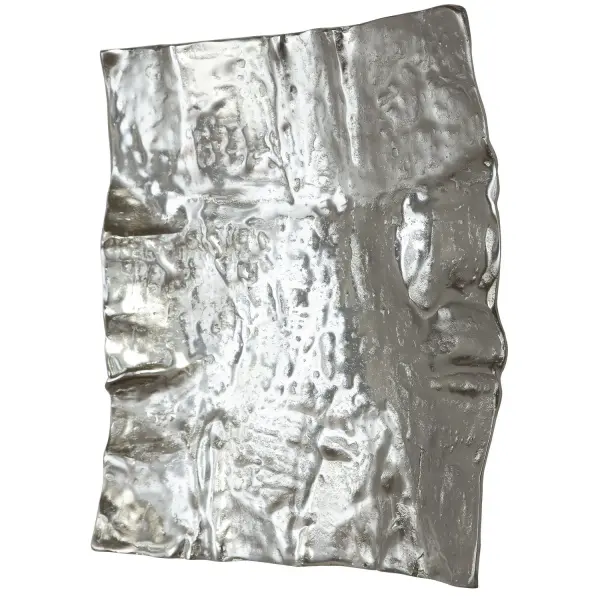 A handcrafted, heavily textured nickel-plated aluminum piece that works as versatile wall decor or a tabletop tray with included felt pads.