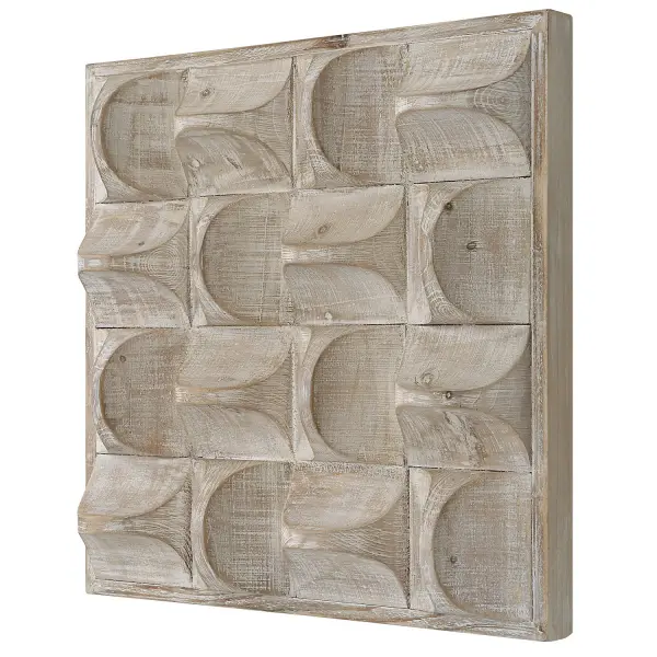 A 3-dimensional fir wood panel with distressed natural wash and ivory highlights, blending rustic warmth with contemporary geometric form for accent walls.