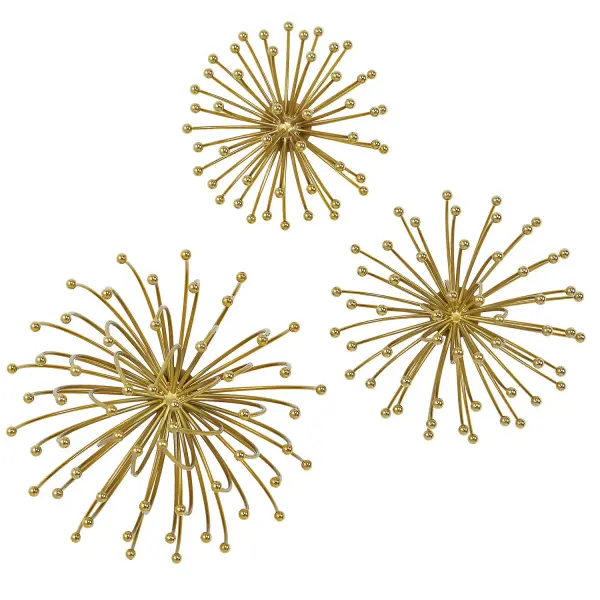 A set of three plated-gold metal floral wall pieces that bring a contemporary, sculptural accent to living spaces and entryways with minimal fuss.