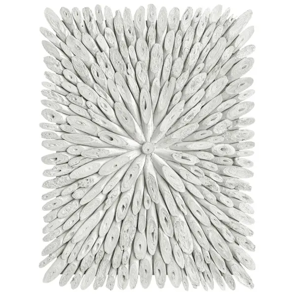 Handcrafted driftwood sunburst panel in a white washed finish, versatile for horizontal or vertical hanging in coastal or rustic interiors.