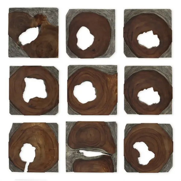 A nine-piece carved suar wood wall art set with rich dark coffee brown and rustic black finish, offering natural texture and artisanal appeal for a statement wall arrangement.