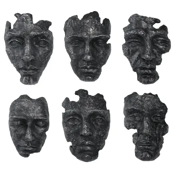 A hand-finished sculptural mask in patinated gray with rich metallic texture, evoking modern art gallery pieces for a striking accent wall.