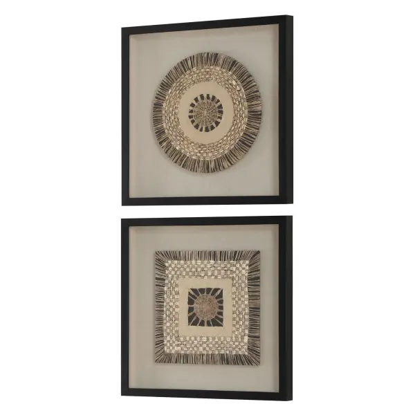 This set of two shadow boxes pairs knit paper in natural earth tones with a linen backing, framed in satin black pine. A quiet, textural statement for transitional or organic modern interiors.